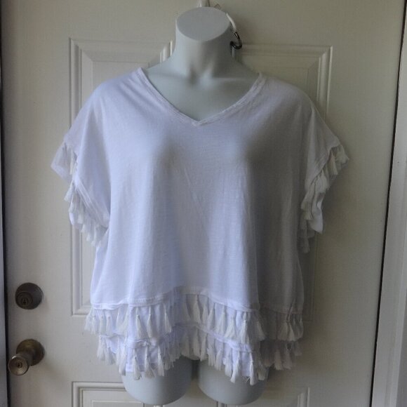 For The Republic 2X  v neck top, white cotton, ruffles and tassels cap sleeves - Picture 1 of 6